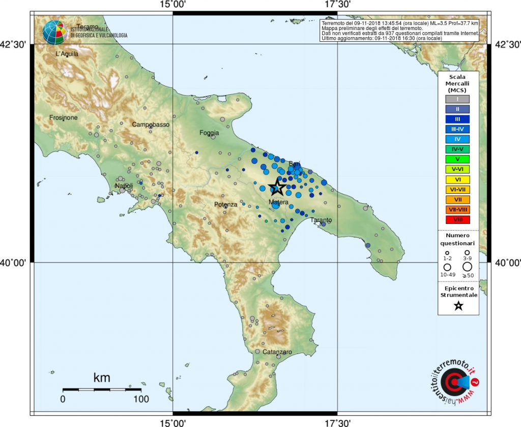 Mappa del risentimento sismico in scala MCS (Mercalli-Cancani-Sieberg) aggiornata alle ore 14:41