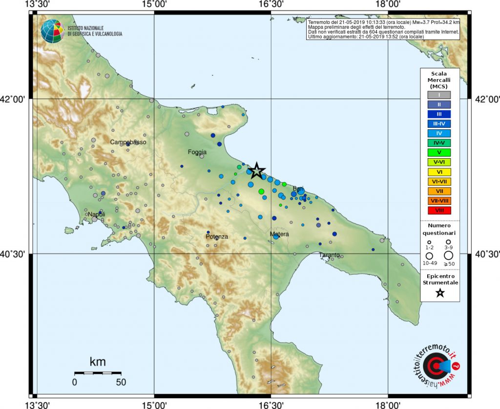 Mappa del risentimento sismico in scala MCS (Mercalli-Cancani-Sieberg) aggiornata alle ore 13:52.